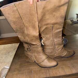 Not Rated Jurupa Tall Buckle Strap Knee High Boots in Taupe